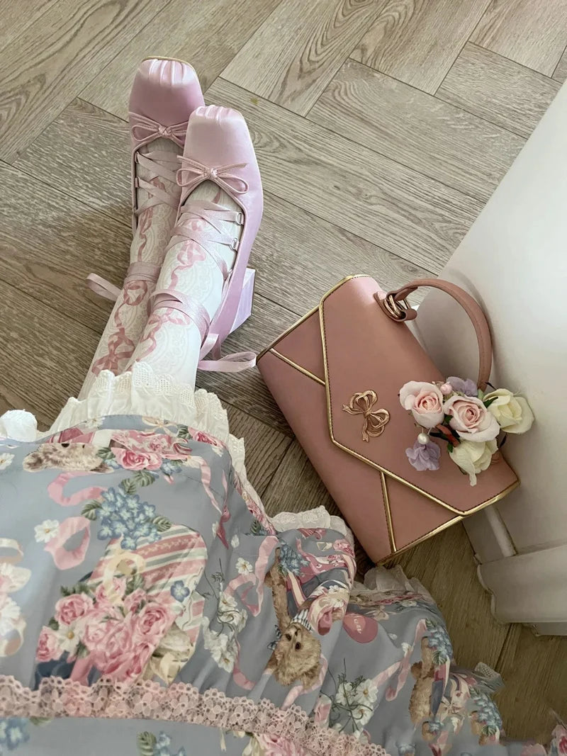 2025 Minuet Pink Mary Jane High Heels Lolita Thick Heel Satin Ribbon Ballet Sandals For Women Pumps