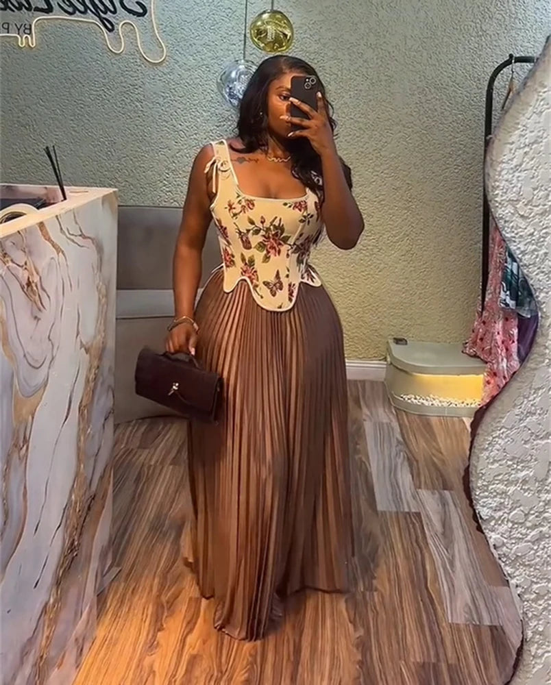 Women's Dresses Sets Floral Print Corset Top High Waist Pleated Long Maxi Skirts Suit 2025 Party Evening 2 Two Piece Set Outfit