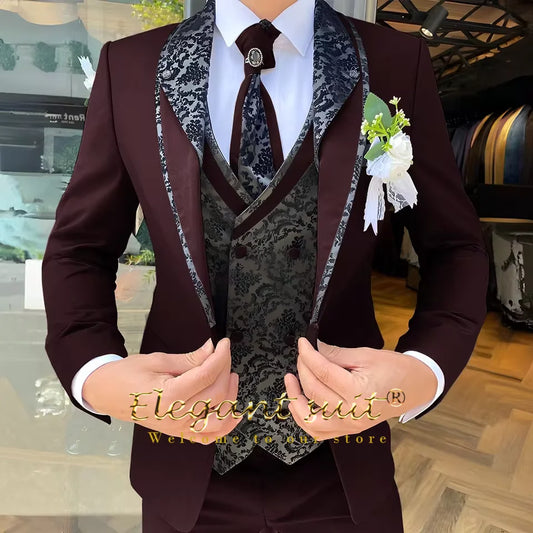 Men's 3-Piece Suit Set, Black Jacquard Vest, Contrast Style, Suit, Vest & Trousers, Weddings & Celebrations Choice