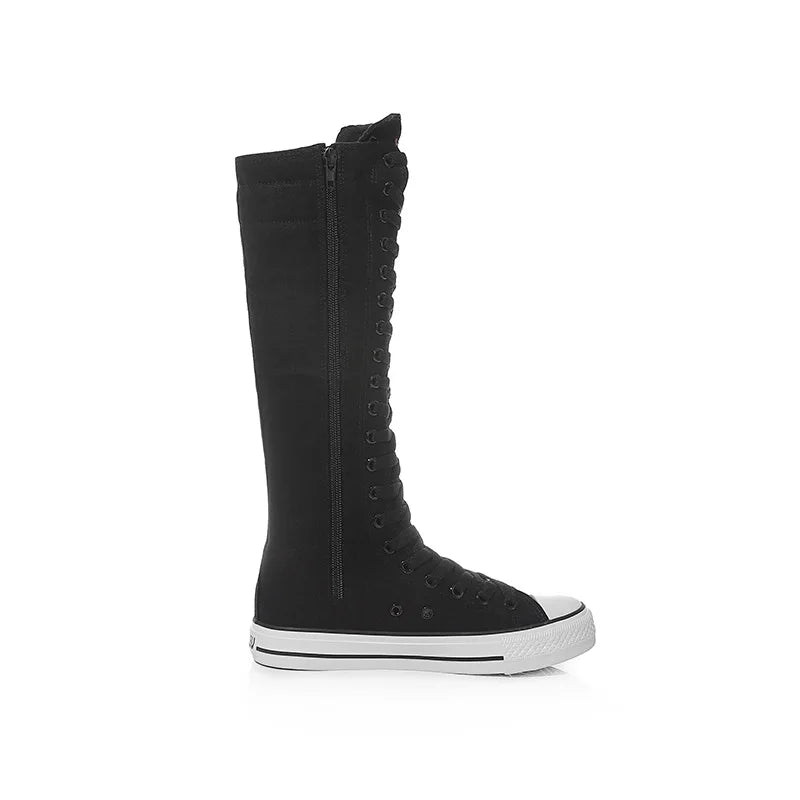 New Women's Canvas Boots Zip Shoes Comfortable Womens Shoes Flat High-top Female Sneakers Lace-up Knee-high Boots Bota Feminina