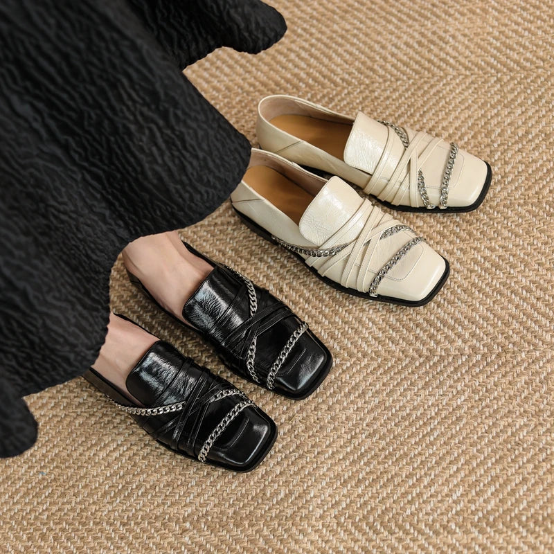 Dilalula 2025 Luxury Genuine Leather Loafers Womens Autum Spring Low Thick Heels Chain Pumps Female Leisure Natural Leather
