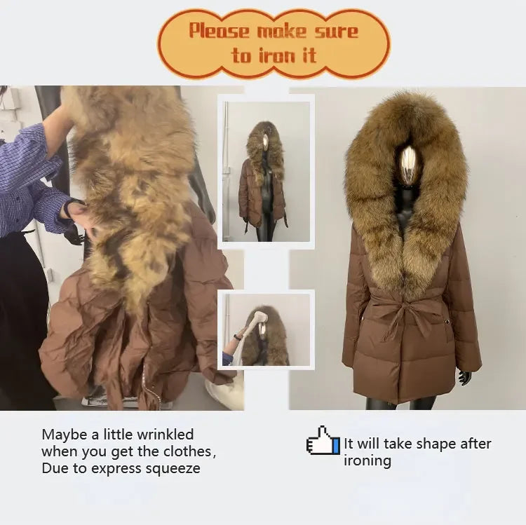 Down Jacket Women Winter Real Natural Fox Fur Hooded Detachable Collar Belt White Goose Down Coat Long Casual Elegant Overwears