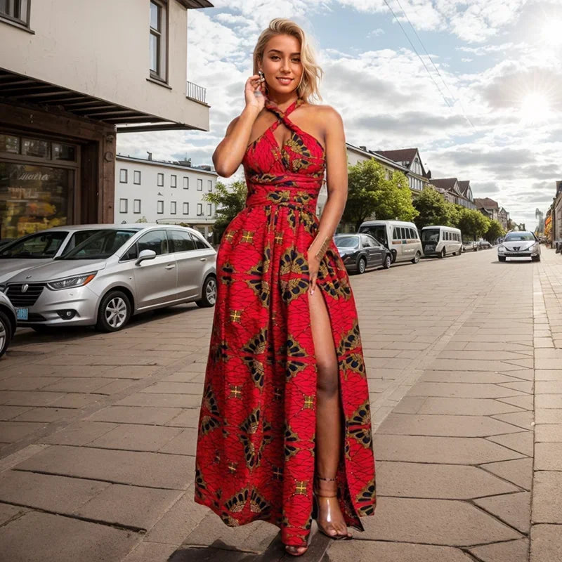 African National Sexy Sleeveless Women Dress Fashion Off Back Print Lady Party Dresses Vintage Casual Long Dress Africa Clothing
