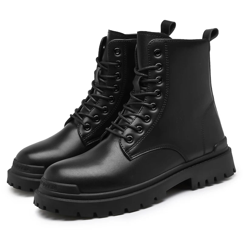 Leather Black Men's Biker Boot Fashion YoungWaterproof Trendy Boots Man Autumn Winter High Top ClassicBasic Shoe