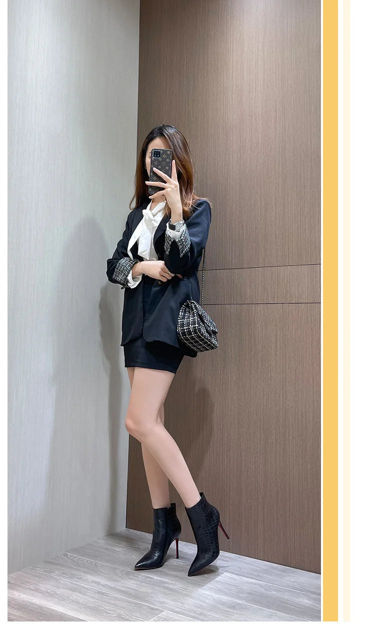 Autumn and winter new turtle patterned short boots, slim high heels, black 10cm, female pointed, slim heels, Shizang bare boots