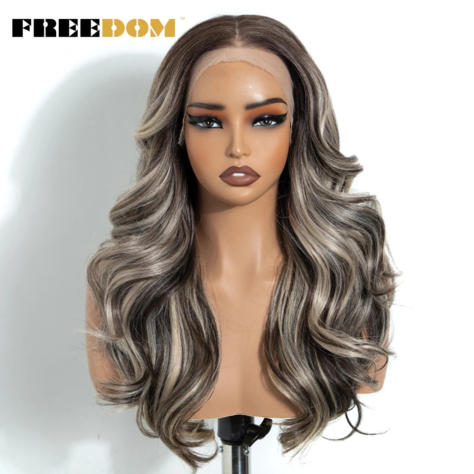 FREEDOM Synthetic Lace Front Wigs For Black Women 13x4 Free Part Body Wave Lace Wig 20 Inch Ombre Brown Highlight Cosplay Wigs