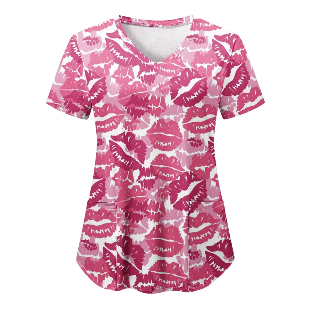 Tops Women Scrub Nurse Print Short Sleeve Cartoon V-Neck Tops Working T-Shirts Heart Print Healthcare Tunic Carers Workwear Tops