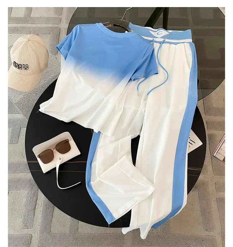 2024 Spring/Summer New Fashionable Gradient Short Sleeve+High Waist Wide Leg Pants Casual Two Piece Set