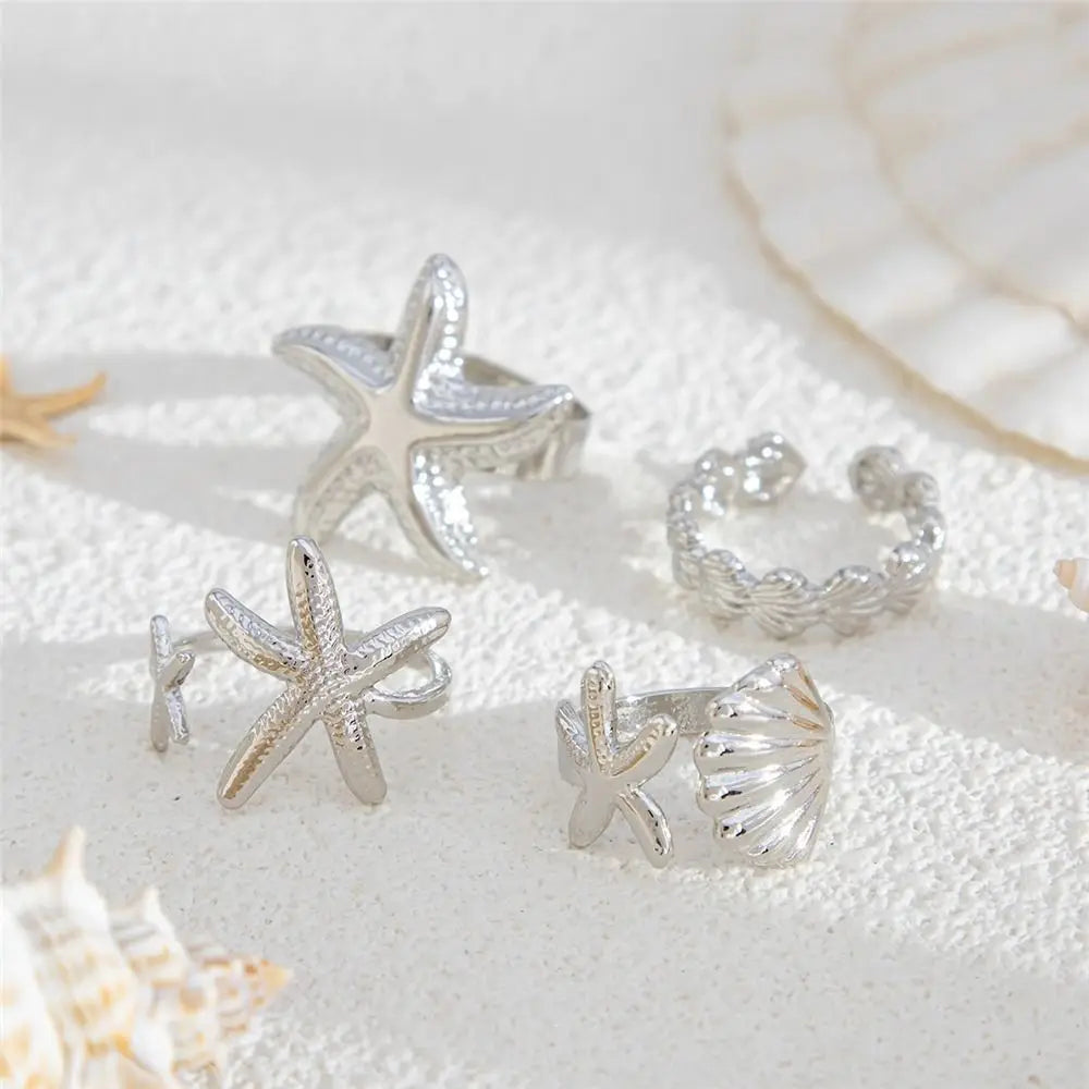 Starfish Scallop Adjustable Open Rings Gold Geometric Design Rings for Women Vacation Style Irregular Beach Jewelry Accessories