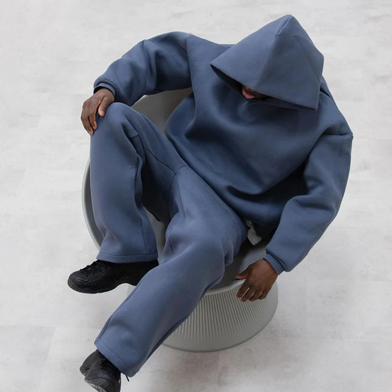Men's Casual Solid Hooded Pullover Straight Pants 2 Piece Set Tracksuit For Fashion Loose Hoodies Sweatshirt Wide Leg Sweatpants