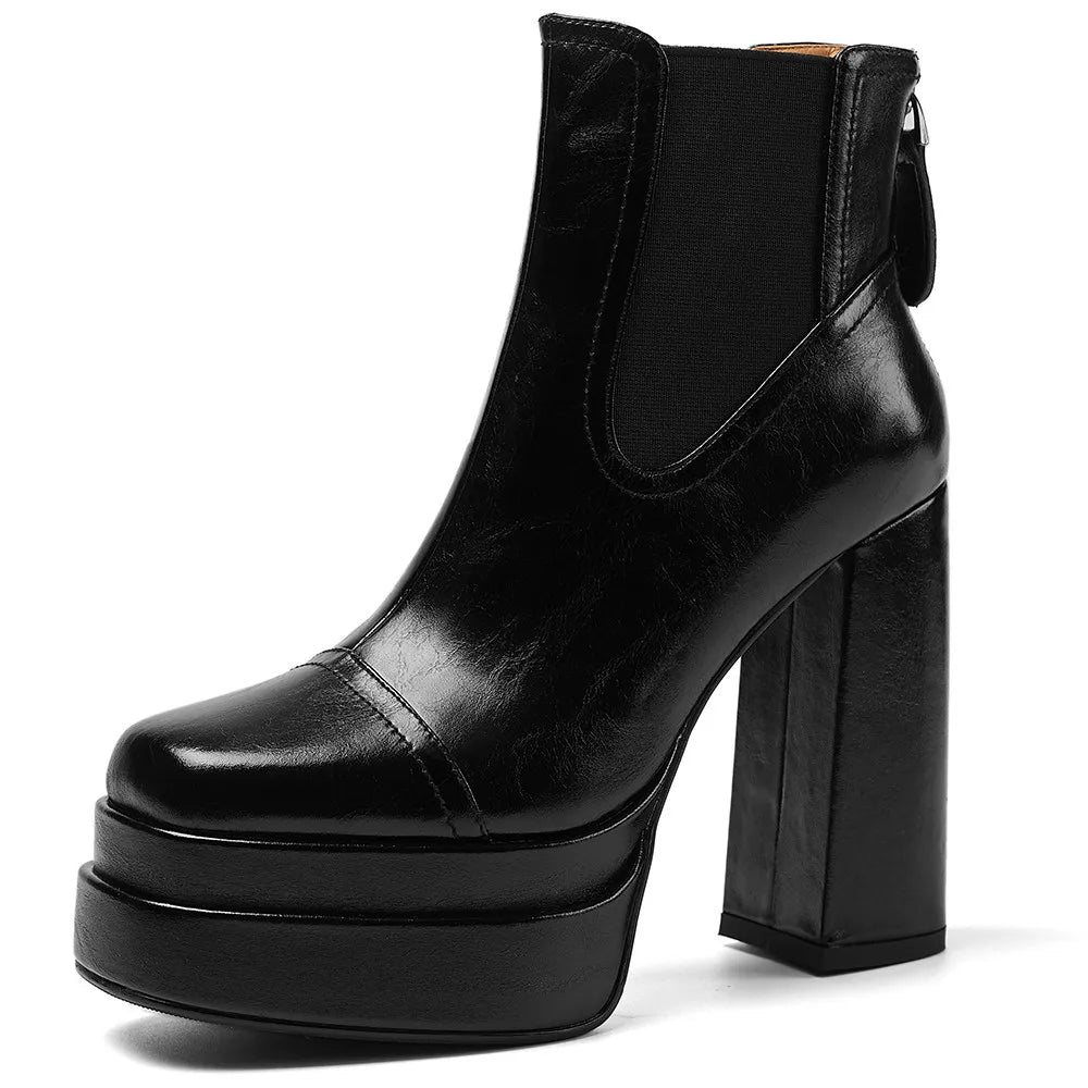 Aucegi Women Genuine Leather Back Zipper Ankle Boots Fashion Square Toe Platform Thick High Heels Party All Match Casual Shoes
