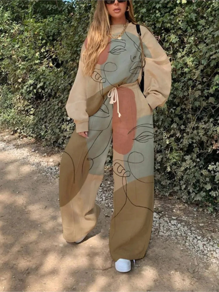 Fashion Print Oversized Tracksuit Suit Women Two Piece Pants Sets Casual Sweatshirt Trousers Streetwear 2 Piece Set Lady Outfit