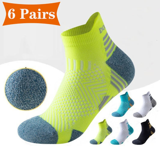 6 Pairs Marathon Running Socks Men Professional Sport Ankle Socks Thickened Towel Cushioned Tube Fitness Short Socks