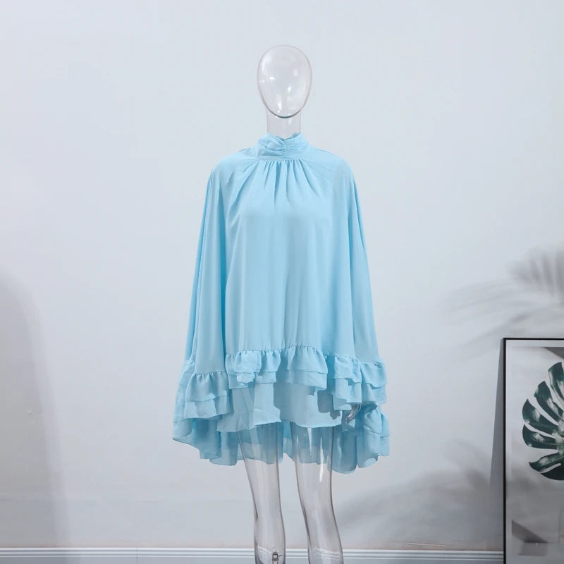 Summer Ruffles Short Dress Women Turtleneck Pleated Loose Turtleneck Flare Sleeve Robes 2025 Fashion Lady Party Holiday Gowns