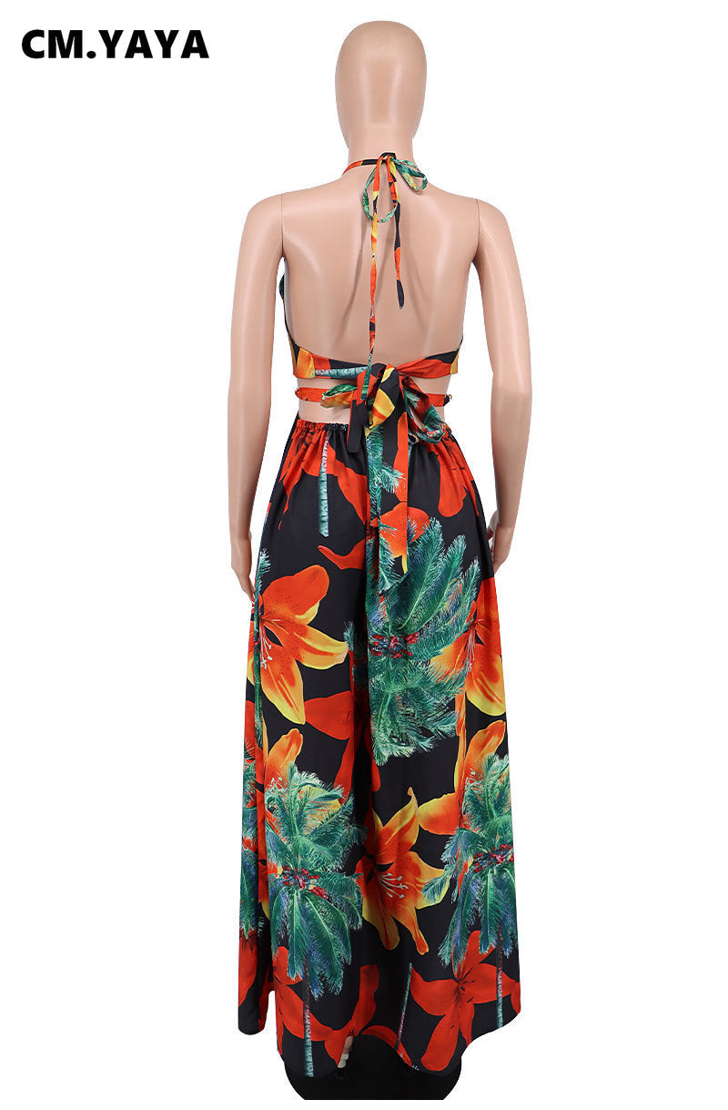 CM.YAYA Elegant Women Floral Halter V-neck Backless Cut Out Waist Chain Sleeveless High Side Split Fit Flare Maxi Long Dresses