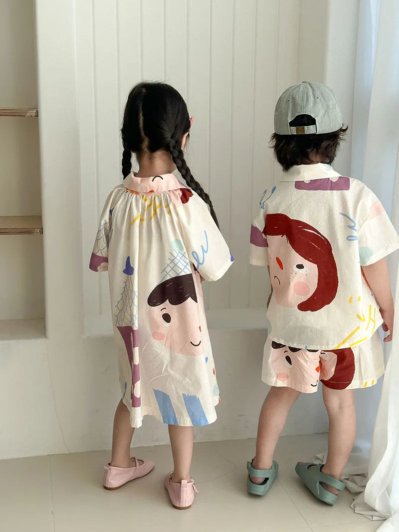 Loose Fit Summer Kids Clothes Set Girls Cute Graffiti Dress Boys Short Sleeved Shirt Children Thin Brother Sisters Outwear Suit