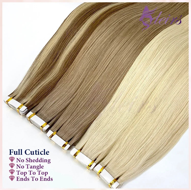 ADEIRS Straight Tape In Human Hair Extensions 100% Real Hair Extensions 16"-24" Black Brown Blonde #613 Invisible Tape In