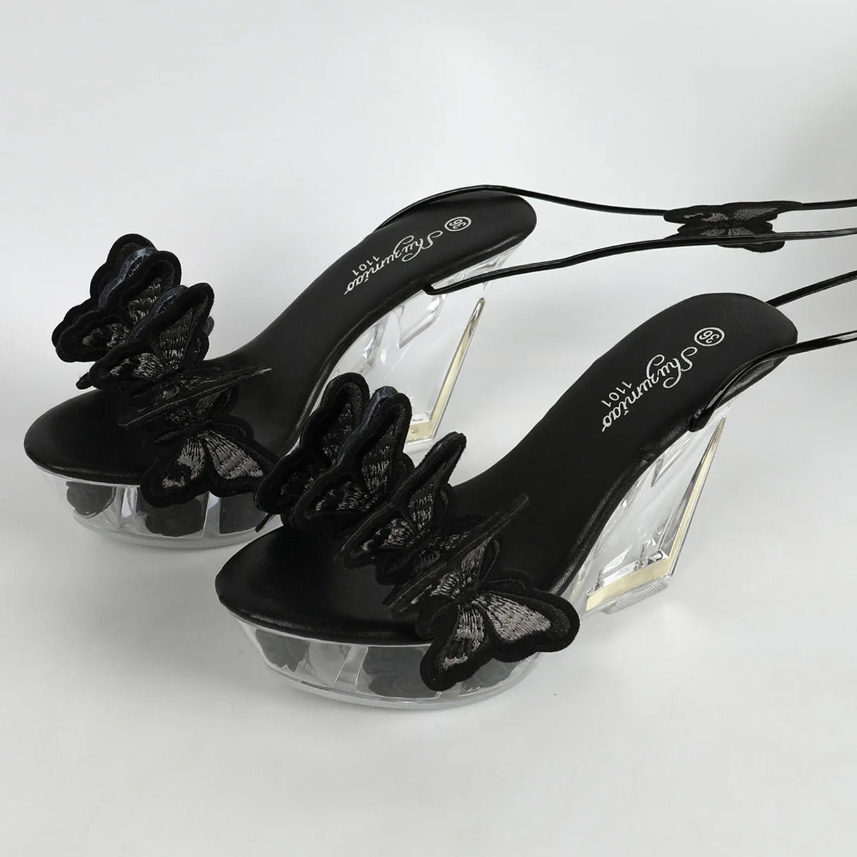11CM Fashion Model Shoes With Embroider Butterfly Ankle Strap Crystal Wedges Heeled Summer High Heels New Women Platform Sandals