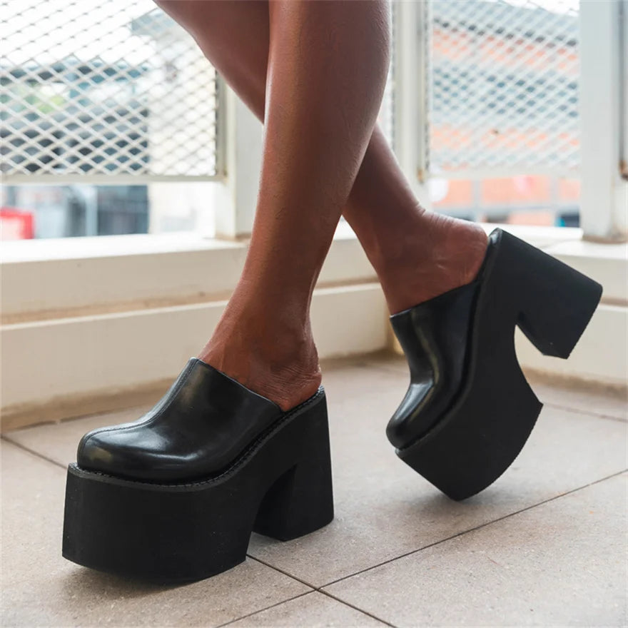 Sandals Summer 2026 New Women Slippers Baotou Platform Trend High Heels Ladies Shoes Pumps Black Soft Leather Thick Slides Mujer