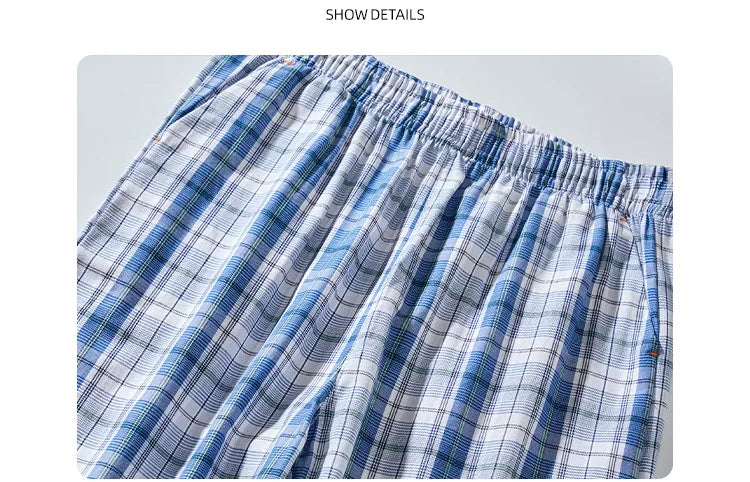 Spring Summer High Quality Pants Men 100% Cotton Sleep Bottoms Male Plus Size Night Trousers Men Casual Loose Plaid Home Pants