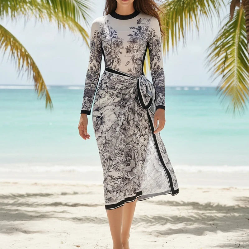 Fashion Print One-Piece Beachwear Suit Women Casual Long Sleeve Slim 2Pc Sets Elegant O-neck Zipper Swimsuit With Skirt Outfits