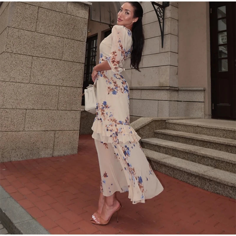 Print Chiffon Long Dress Women V Neck Half Sleeves High Waist Ruffles Belts Split Robe Female 2026 Summer Chic Vacation Dresses