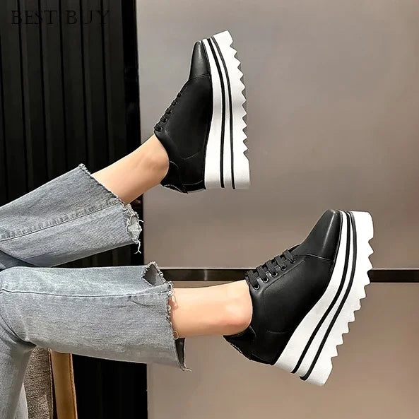 New beige Women Platform Casual Shoes 2024 Spring Black Casual Chunky Sneakers Women Real Leather White Height Increasing Shoes