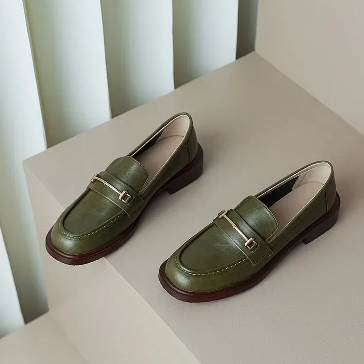 Ochanmeb Natural Leather Loafers Flat Shoes Women Brand Metal Chain Round Toe Slip-ons Flats Ladies Casual Creepers Moccasins 40