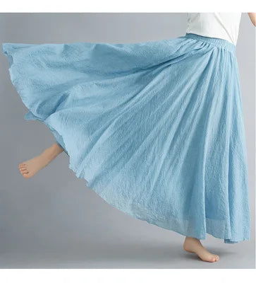 New 2020 Women Linen Cotton Long Elastic Waist Pleated Maxi Skirt Beach Vintage