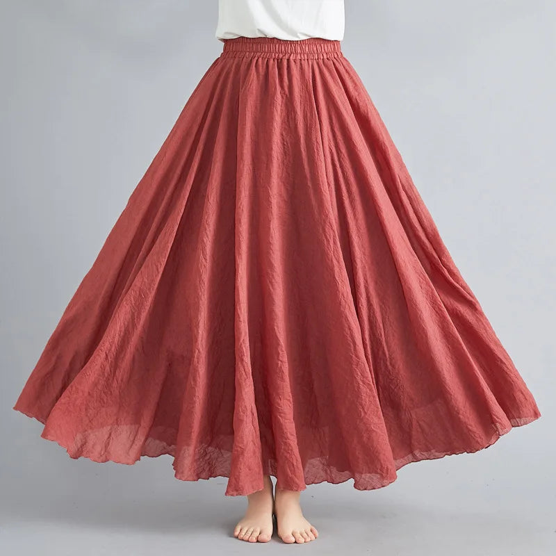 New 2020 Women Linen Cotton Long Elastic Waist Pleated Maxi Skirt Beach Vintage
