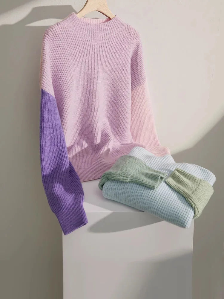 AMII Minimalism Sweaters Women 2024 Spring Street wear Spliced Knitted Top Drop Sleeve Loose Full Pullovers Sweaters 12344144