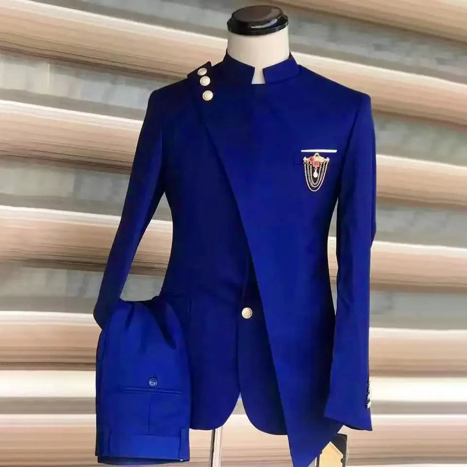 Men Blazer Suits 2 Piece Set Party Coat Straight Pants Ensemble Stand Collar Buttons Trousers Suit Jacket Outfits Autumn 2025