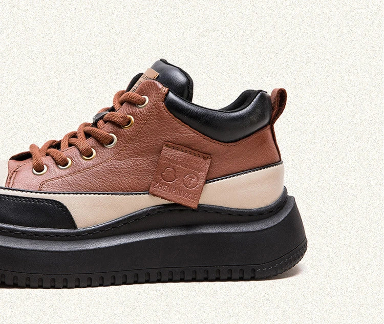Myjyjz 4.5cm Cow Genuine Leather Women Spring Platform Wedge Flats Chunky Sneakers Lace Up Autumn Loafer Vulcanize Shoes Rubber