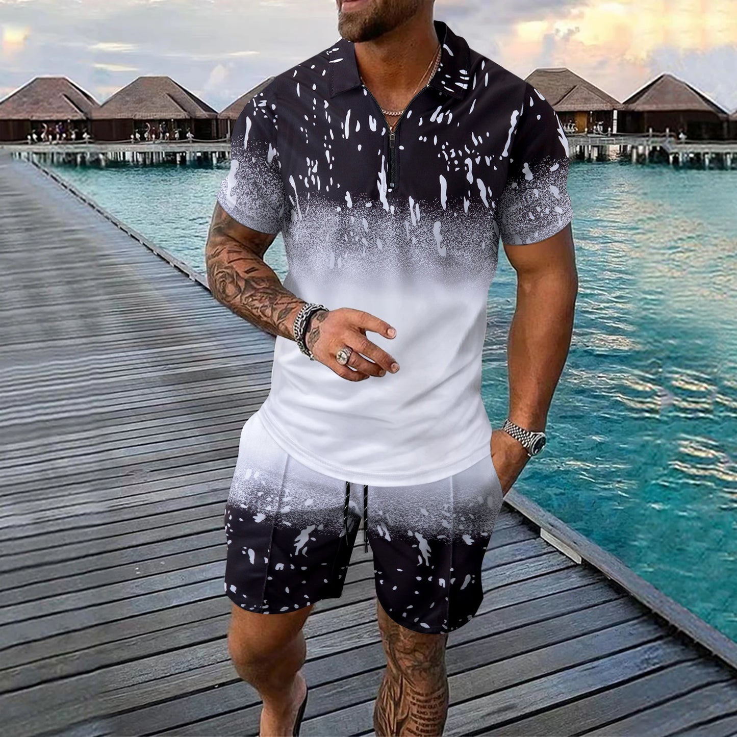 Interesting Men's Short Sleeved Set 3D Checkered Printed Fashionable Zipper Polo Shirt Suit Loose Summer T-shirt Set Ropa Hombre