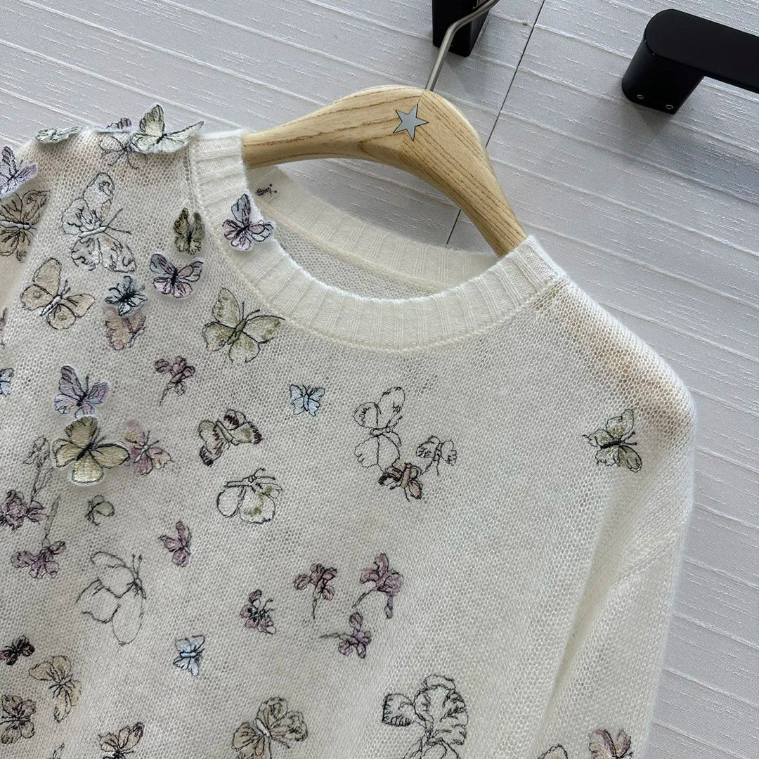 New Spring Fashion 3D Embroidery Butterfly Sweet Thin Sweater Women O-neck Long Sleeve Wool Silk Yarn Knitted Pullover