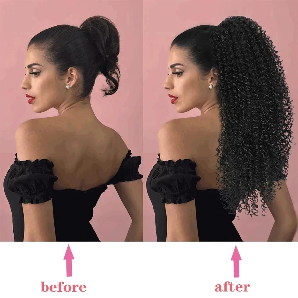 16A Curly Ponytail Extensions Deep Wave Drawstring Ponytail For Women Human Hair With Clip In Thick Ponytail Hair Natural #1B