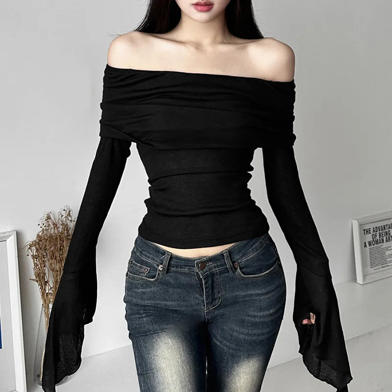 Y2k Aesthetic Women Translucence Tee Shirts Slash Neck Long Sleeve Solid Casual T-Shirts Vintage Off Shoulder Sexy Cute Tshirts
