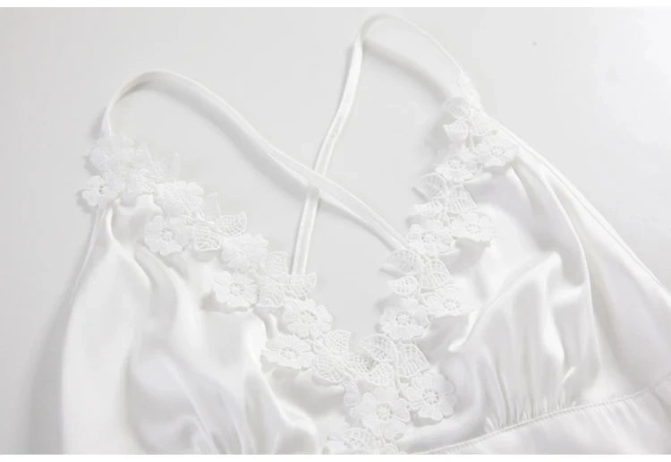 Night Sleep Dress Women Underwear Lingerie Sling Lace Embroidery V-Neck Sexy Nightdress Silk Nightgown Cross Strap Halter Dress