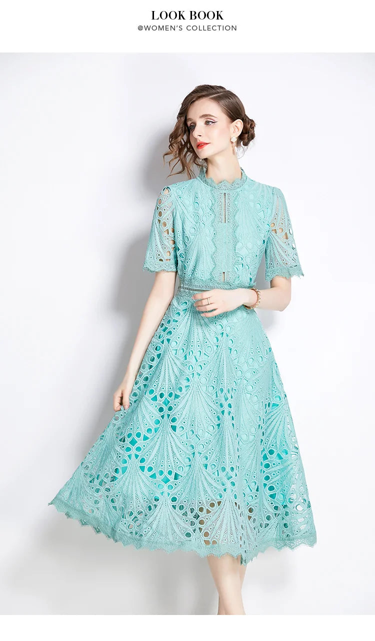 SMTHMA Vintage High-End O-Neck Short Sleeve Lace Hollow Out Dress For Women's Summer Slim Elegant Long Dress Female Clothing