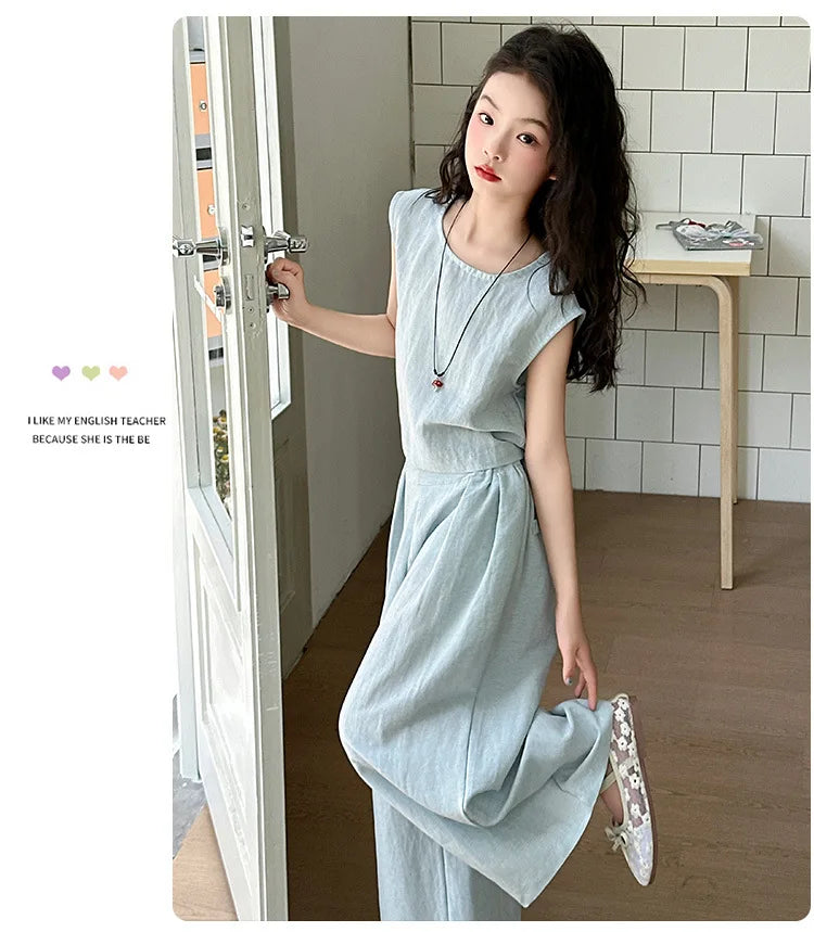 Vest Suit Solid Color Simple Casual Loose All-match 2025 Summer New Fashion Vest Wide Leg Pants Two Piece Set