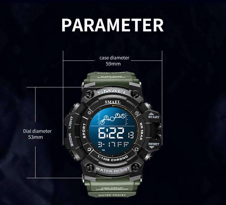 SMAEL Digital Watch LED Alarm Clock Military Watches Big Dial Digital Wristwatches 8082 Sport Watches for Men