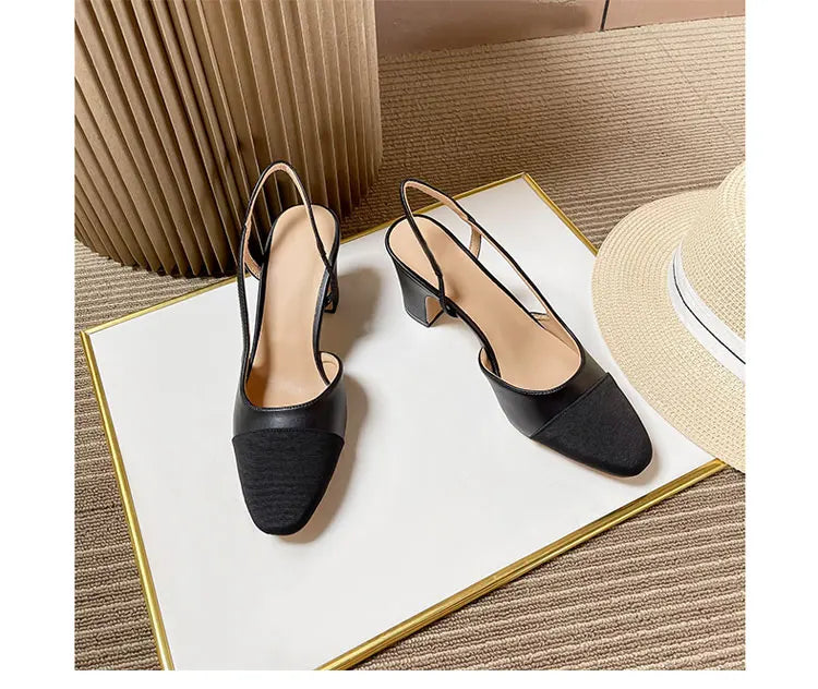 2023Spring Autumn Fashion High Heels Sandals Women's Dress Square Toe Slingback Shoes Women's Color Block Back With Flat Sandals