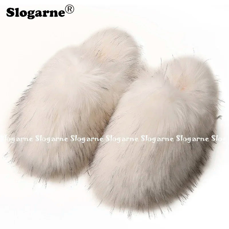 Ladies Winter High Quality Fox Fur Slippers Women Warm Fur Slides Girls Luxury Furry Slippers Soft Comfortable Home Cotton Shoes
