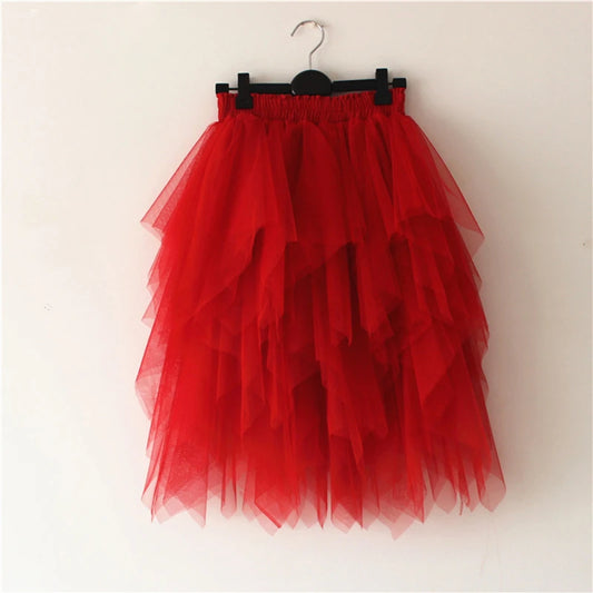 Tutu Tulle Irregular Skirt Women Fashion 2024 Korean Cute Red High Waist Pleated Skirt Mesh Female Lady Aesthetic Faldas