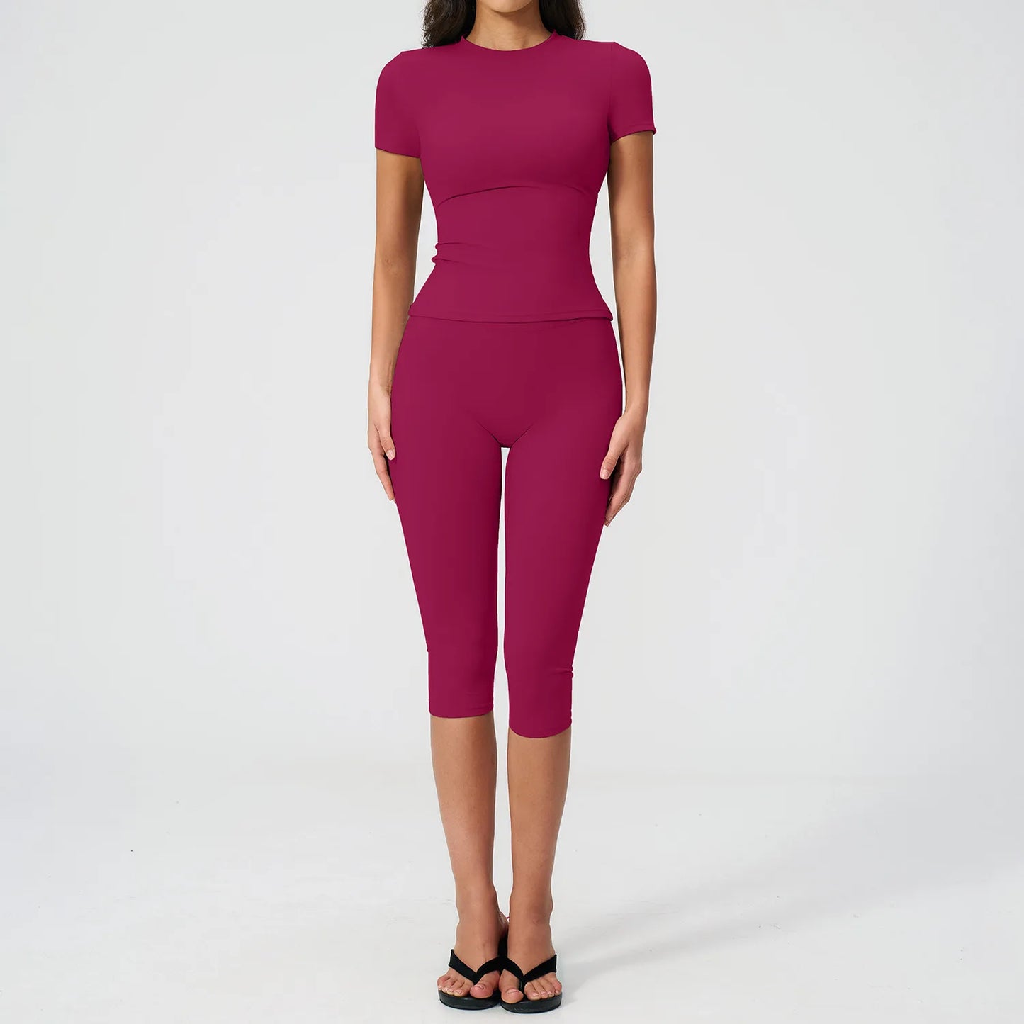 Sports Set Two Pieces Yoga Set Women's Sports Set Quick Drying Short Sleeve Fitness Set Gym Running Slim Capri Pants Sportswear