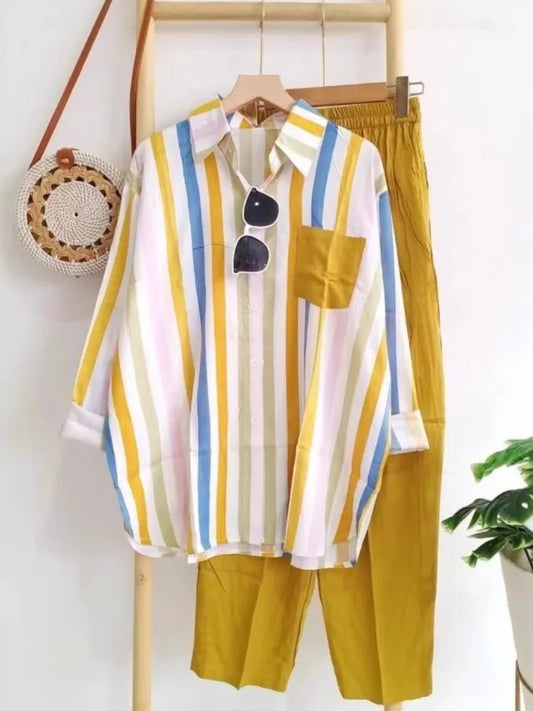 Plus Size Striped Long Sleeve Shirt & Pants Set