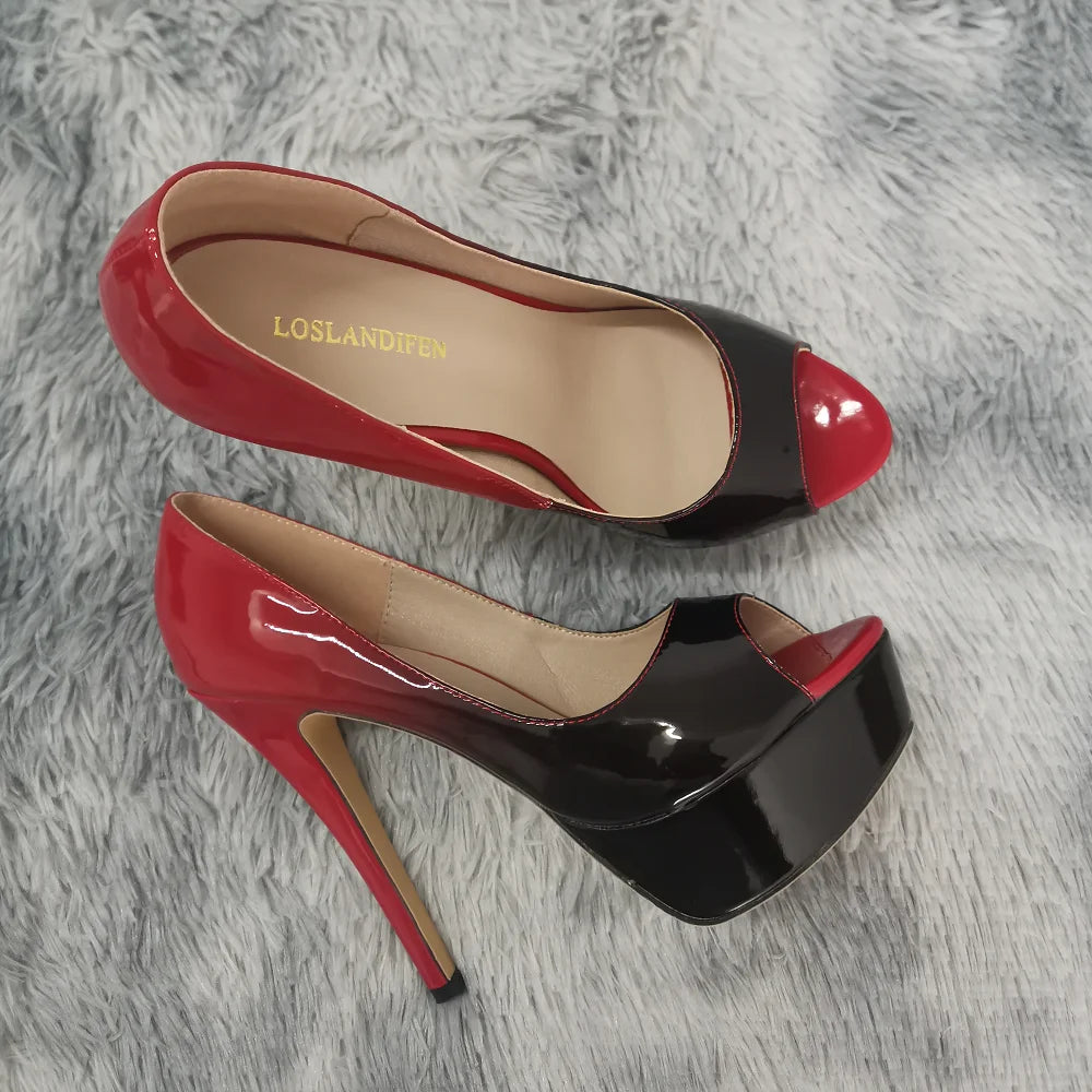 2026 New Women Pumps Sexy Platform Peep Toe 14cm Extremely High Heels Stiletto Patent Leather Party Nighclub Red Wedding Shoes