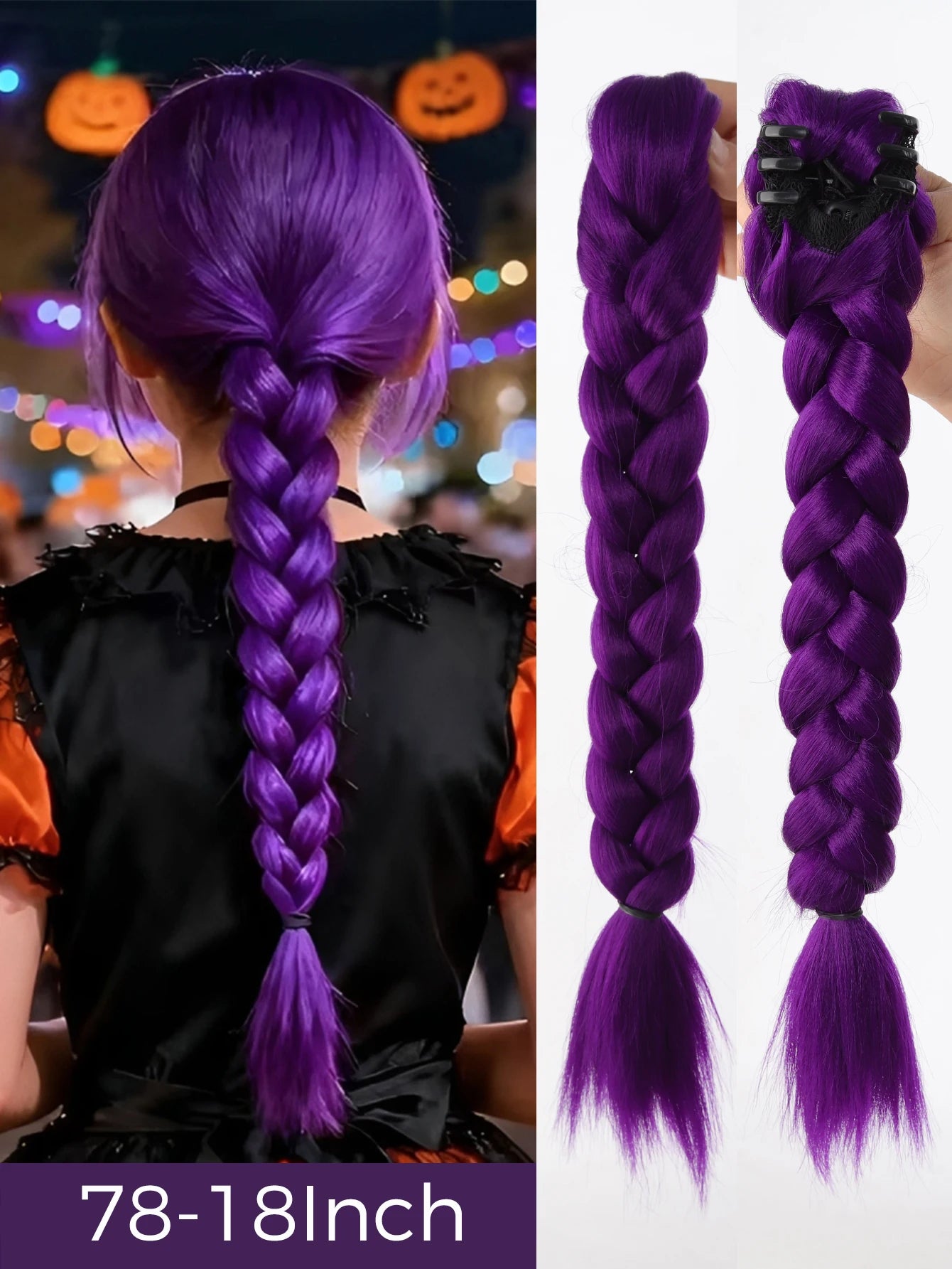 Synthetic 26inch Long Ponytail with Clips Braided Purple Hair Ponytail Rumi Costume Hairstyle for Kids Girls Halloween Christmas