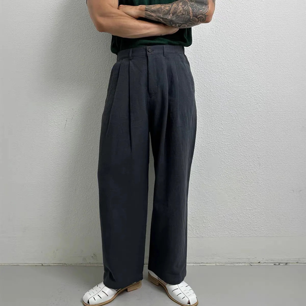 New Men's Cotton Linen Workwear Trousers Draped Wide Leg Pants Light Luxury Leisure Solid Straight Trousers Premium Sweatpants