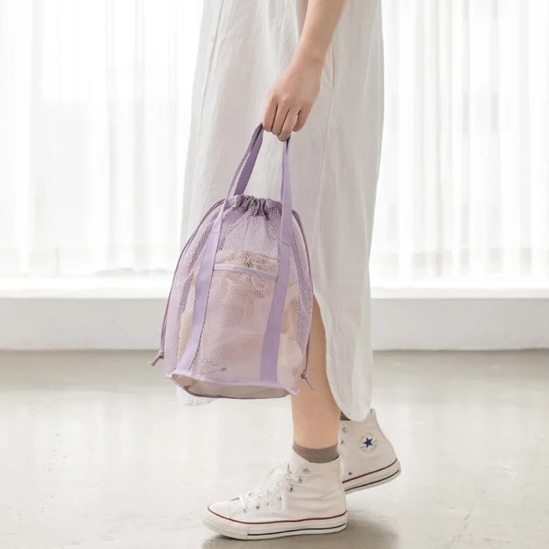 Travel Large Capacity Mesh Nylon Cosmetic Bag Organizer Foldable Casual Mesh Drawstring Bags Rope Bundle Pocket Swim Washing Bag